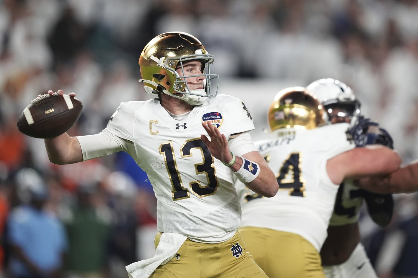 Notre Dame QB Riley Leonard leaves Orange Bowl, being evaluated by